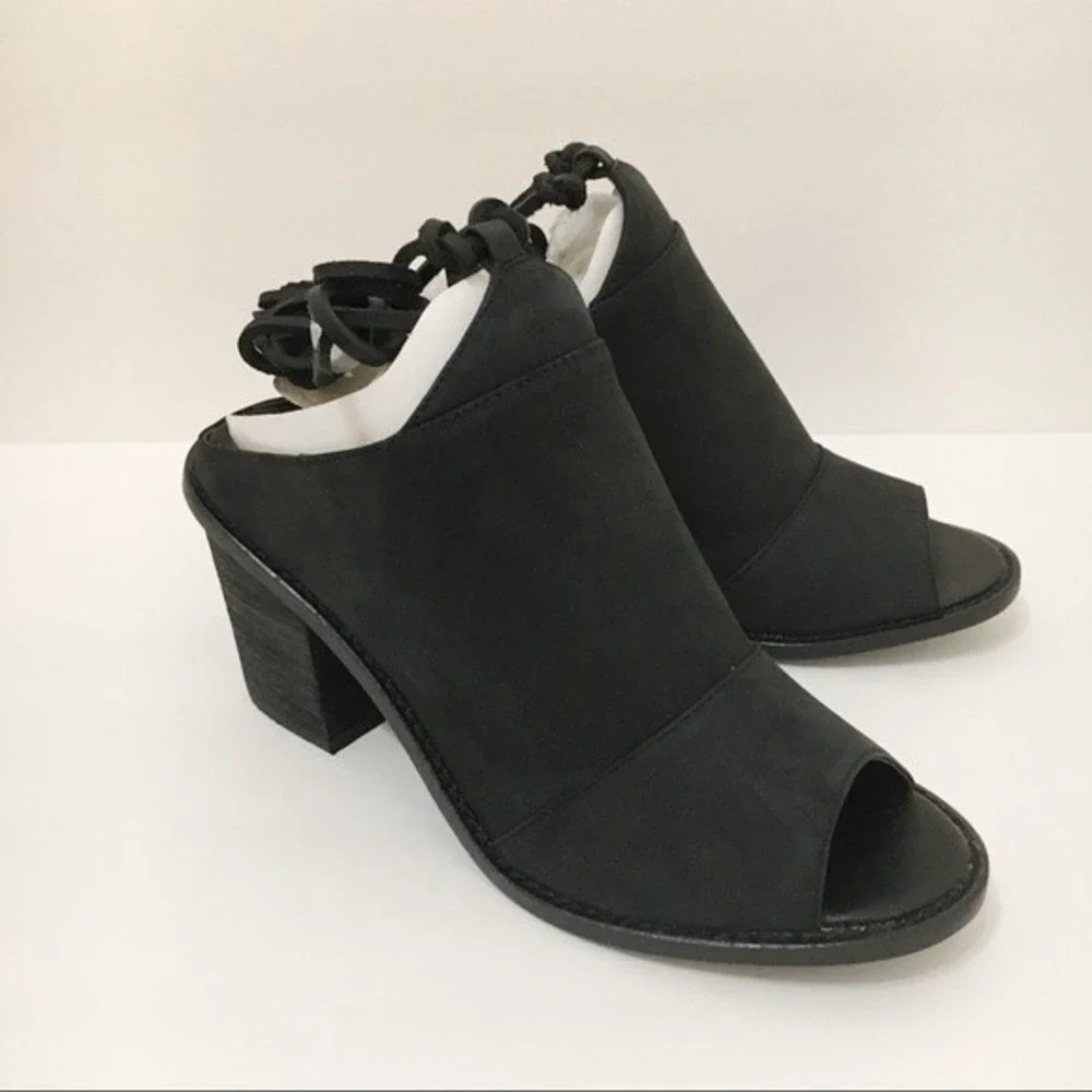 Chinese Laundry Size‎ 6 Black Leather Ankle Wrap Peep Toe Mules Shoes Heels